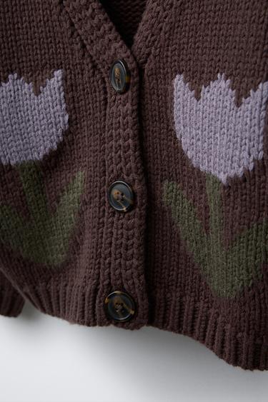 KNIT CARDIGAN WITH TULIPS - Chocolate by Zara - Image 2