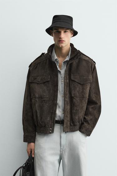 Zara SUEDE LEATHER JACKET - Anthracite grey