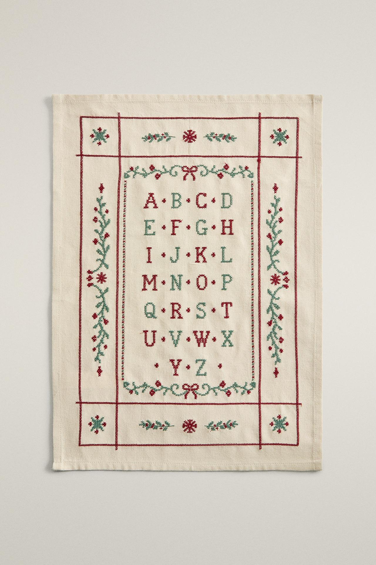 CHRISTMAS ALPHABET EMBROIDERED TEA TOWEL — Light beige