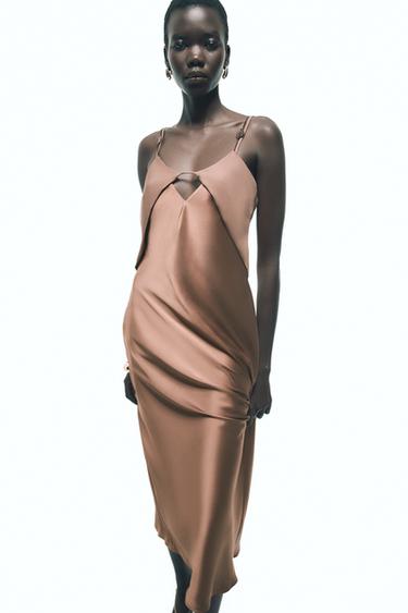 Zara SATIN SLIP MIDI DRESS - Brandy