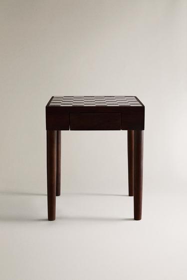 TEAK SIDE TABLE WITH MARBLE CHESS TOP - Black / White by Zara