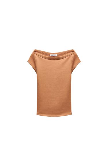 Front view of a brown T-shirt with a boat neck and short sleeves.