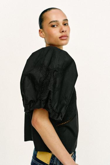 PUFF SLEEVE POPLIN TOP - Black by Zara - Image 2