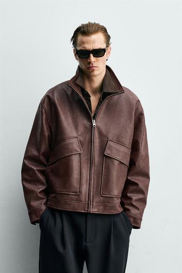 WASHED LEATHER EFFECT JACKET - Burgundy by Zara