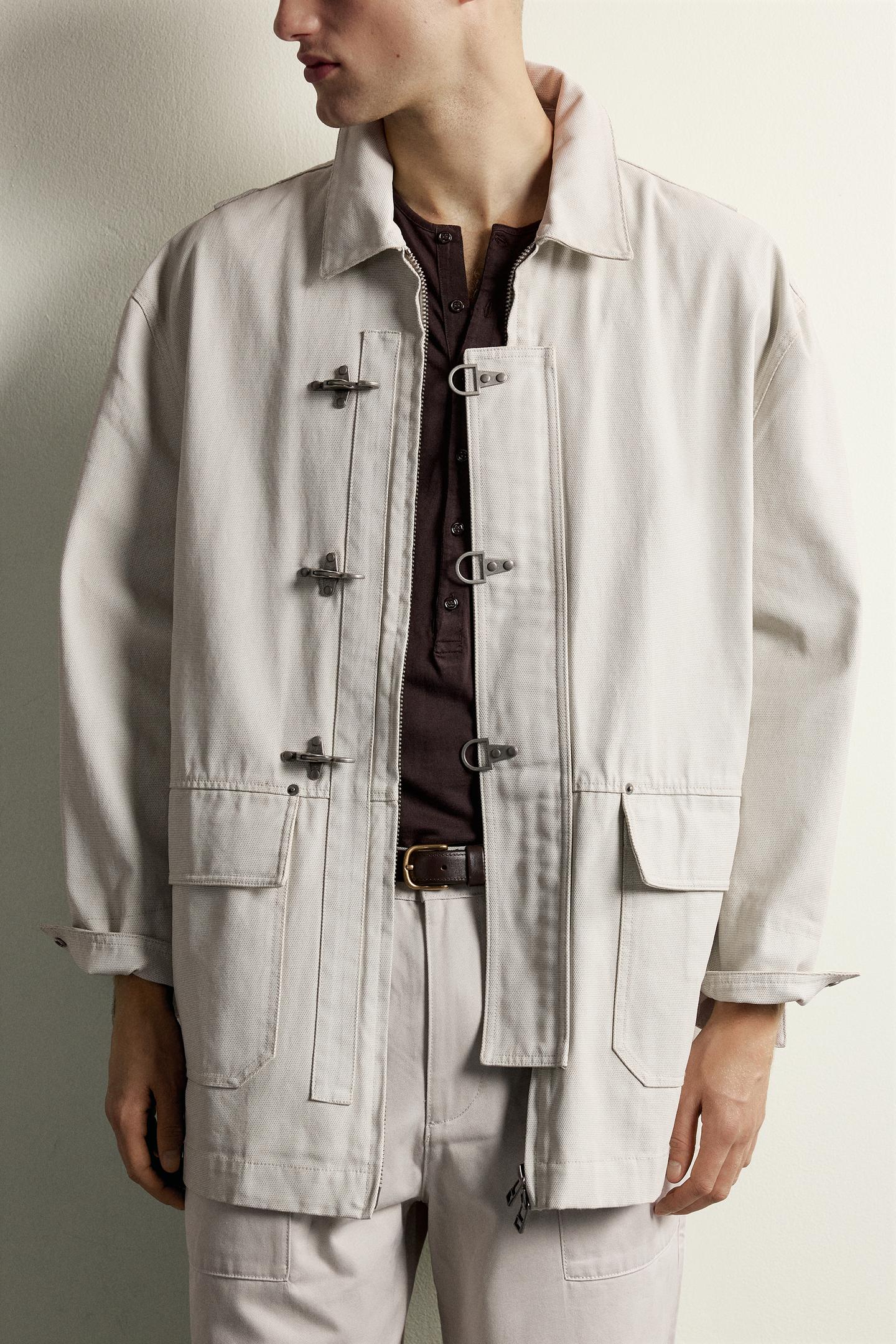 Мужская куртка Zara Relaxed Fit Fireman Clasp, цвет: Устричный белый — фото 7