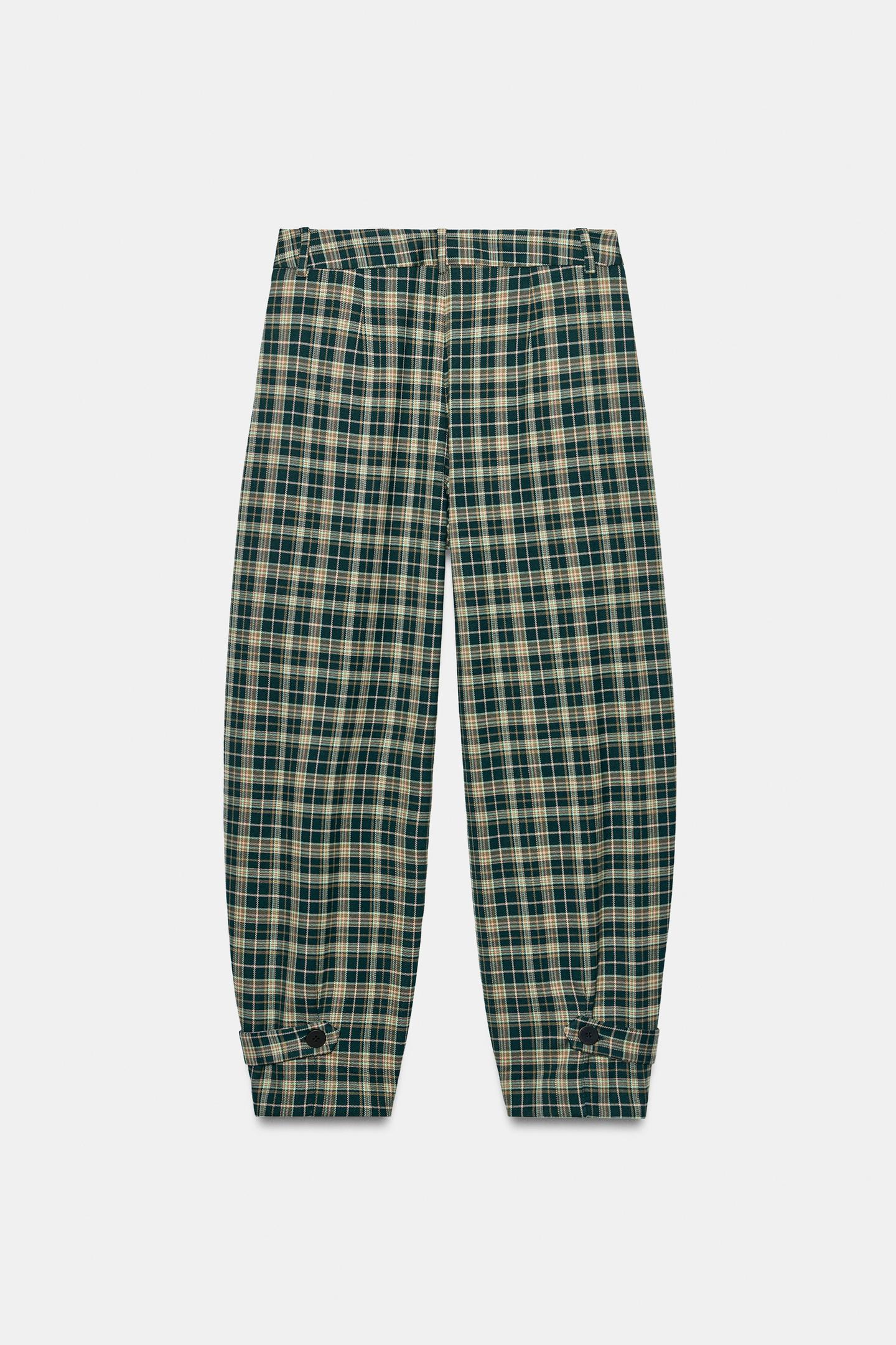 Женские брюки Zara Checkered With Tab Hem, цвет: Зелёный / Экрю — фото 3
