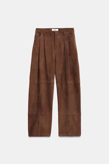 CALÇAS COM PINÇAS EM CAMURÇA 100% LIMITED EDITION - Castanho / Toupeira da Zara