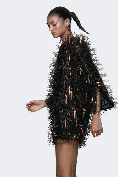 MINI DRESS WITH FRINGING AND SEQUINS - pink gold by Zara