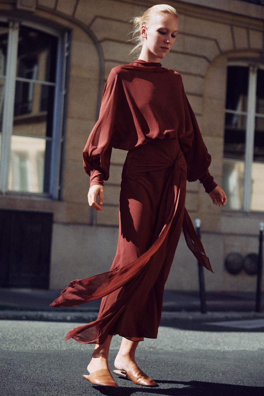 LONG GEORGETTE DRESS WITH BELT - Maroon