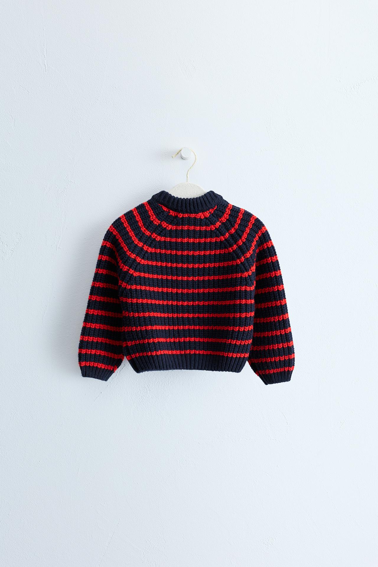 ZARA TIMELESS - STRIPED COTTON AND WOOL BLEND CARDIGAN — Red / Navy