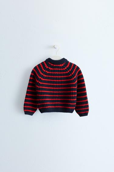 ZARA TIMELESS - STRIPED COTTON AND WOOL BLEND CARDIGAN — Red / Navy 2