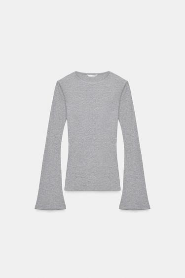 REBROVANÉ TRIČKO SO ZVONOVÝMI RUKÁVMI - šedozemitá zn. Zara