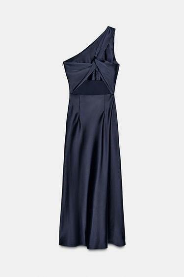 Zara ASYMMETRIC SATIN MIDI DRESS - Navy blue