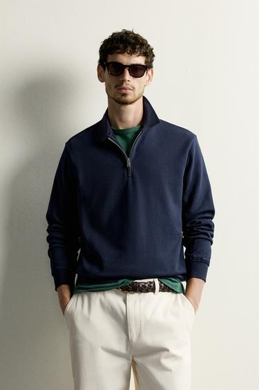 Zara ZIP-UP INTERLOCK POLO SWEATSHIRT - Navy blue