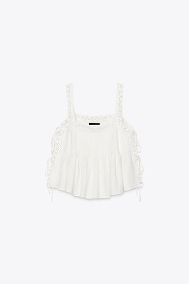 TOP BRODÉ AVEC NŒUDS - Blanc cassé de Zara - Image 4