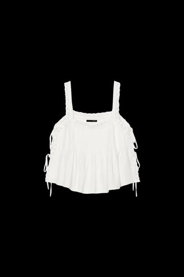 Zara EMBROIDERED TIE TOP - Oyster-white - Image 0