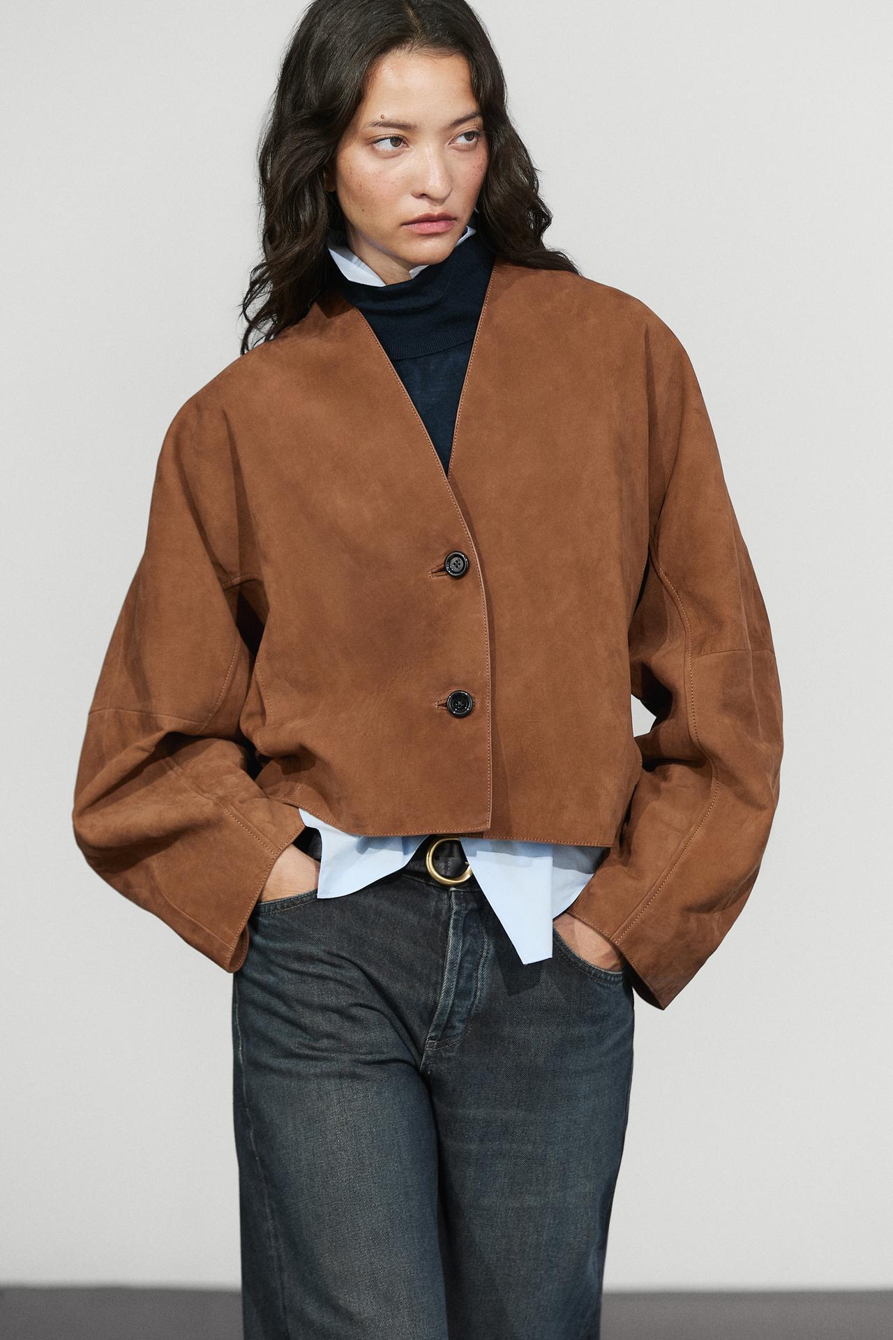 Suede V-neck balloon jacket — Dark mink