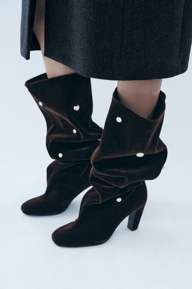 VELVET EFFECT STUDDED KNEE-HIGH BOOTS - Brown by Zara
