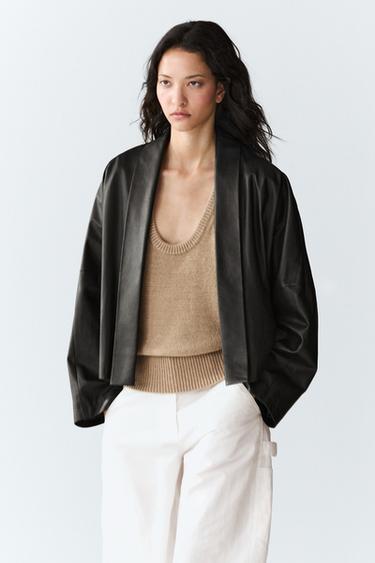 Zara Nappa leather lapel kimono - Black