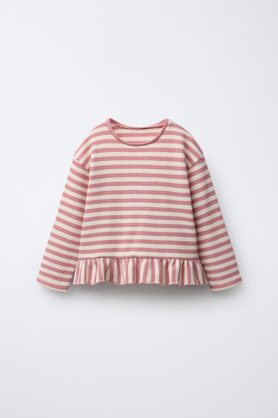 CAMISETA WAFFLE PEPLUM RAYAS - Rosa palo de Zara - Imagen 0