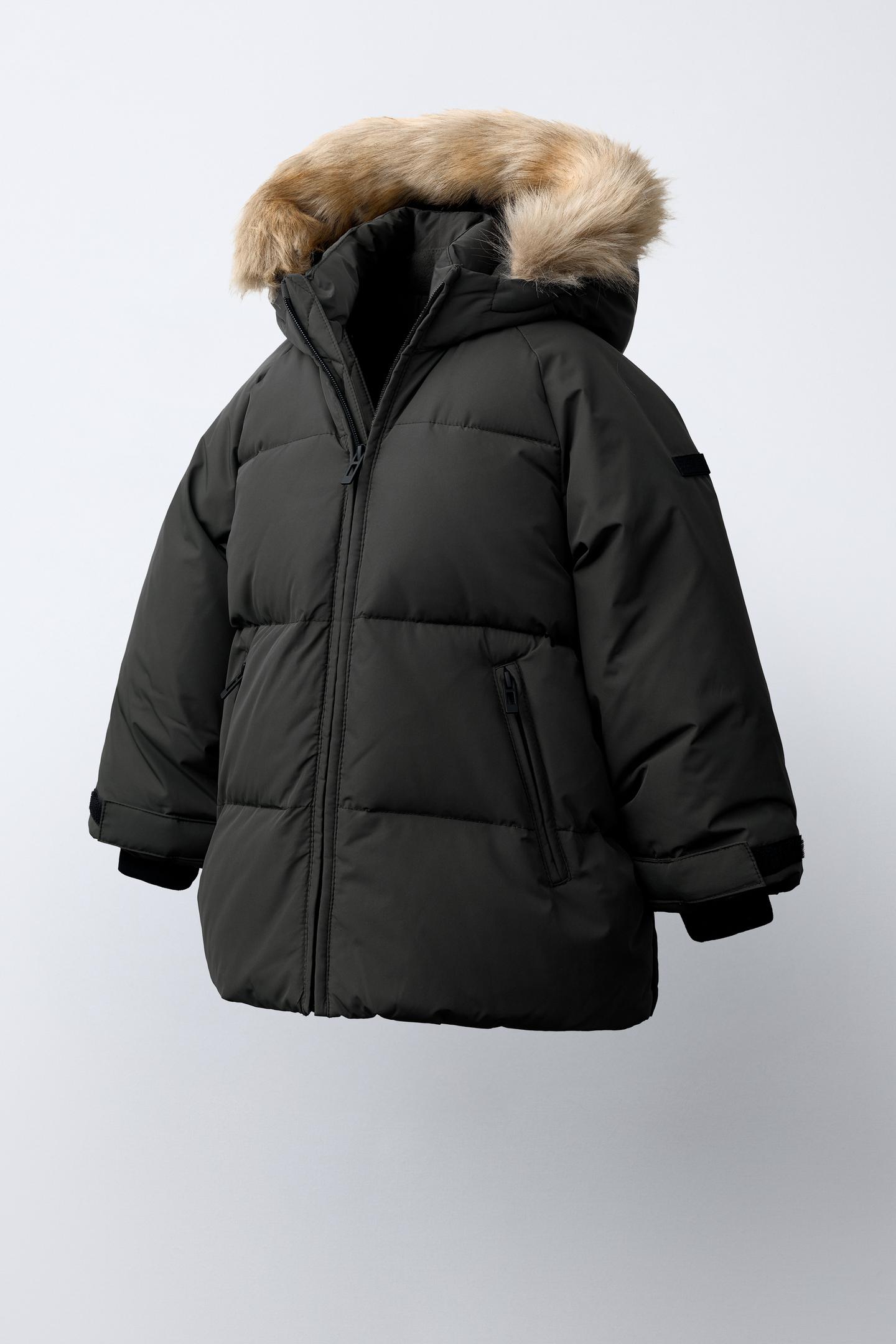Детские худи Zara 50/50 Down & Feather Faux Fur Water-Repellent and Windproof Puffer Jacket, цвет: Чёрный — фото 4