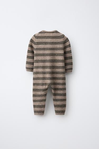 STRIPED KNIT JUMPSUIT WITH MUSHROOM PATCH — taupe brown 2