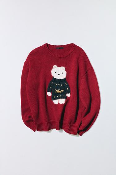 JERSEY PUNTO CON LANA OSITO BORDADO - Rojo oscuro de Zara