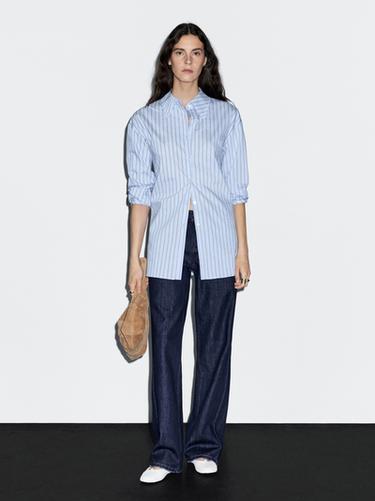 Zara Striped cotton blend shirt - Sky blue - Image 0