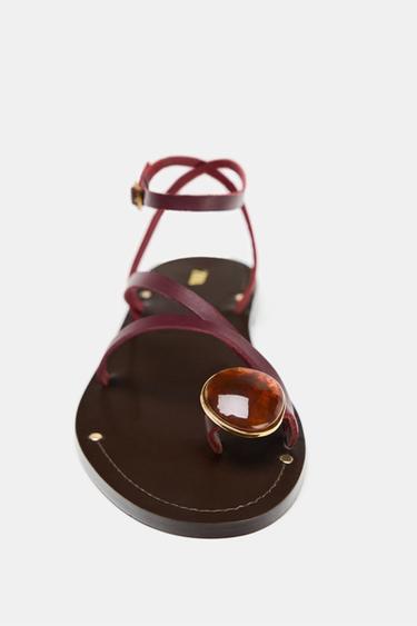 FLAT LEATHER SANDALS WITH STRAPS AND DECORATION - Burgundy Red by Zara