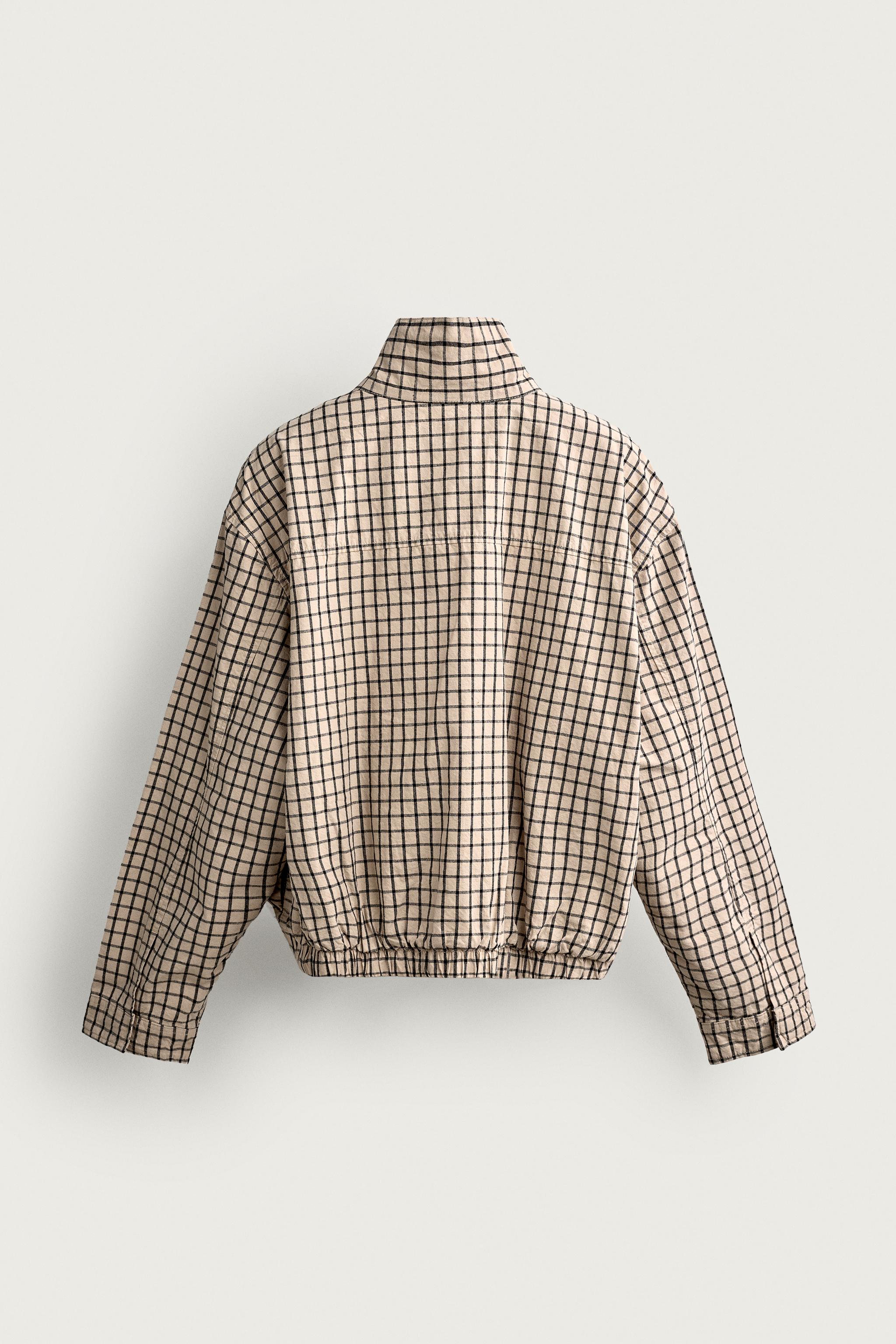 CHECKED CROPPED FIT JACKET — taupe brown