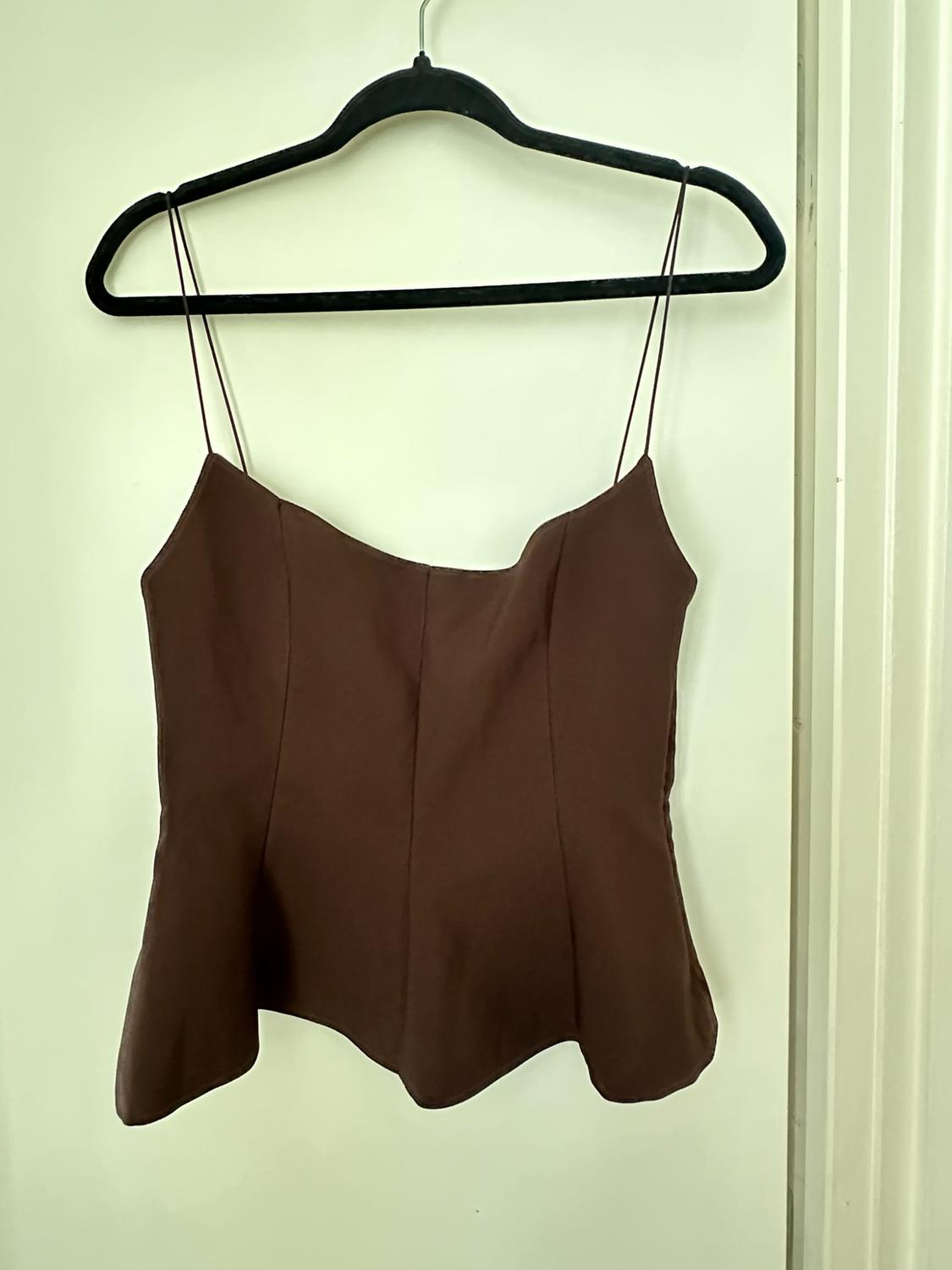 Brown camisole top with thin straps, front seams and a wavy hem, hanging on a black hanger in front of a white panelled door.