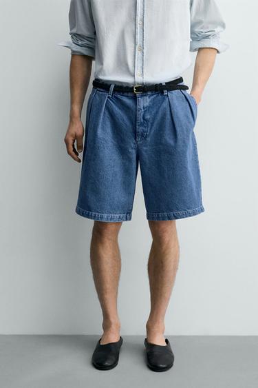 RELAXED FIT PLEATED DENIM BERMUDA SHORTS - Blue by Zara