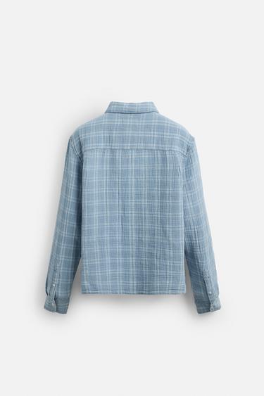 CHEMISE À CARREAUX EFFET PLISSÉ - Bleu clair de Zara - Image 7