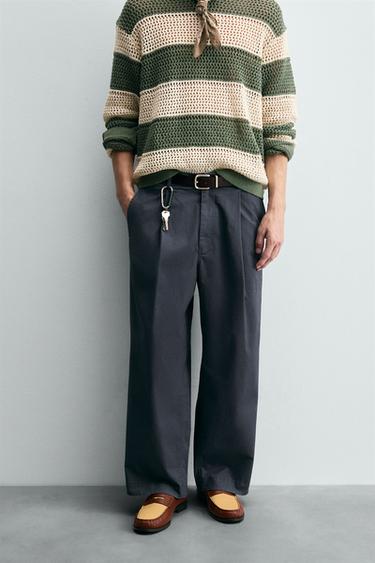 Zara RELAXED FIT PLEATED CHINO PANTS - Blue