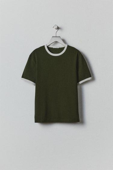 Zara BASIC CONTRAST RIB T-SHIRT - Green