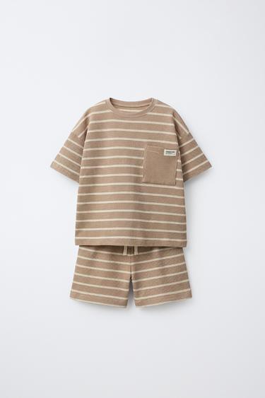 بيجامة WAFFLE مخططة (1.5-6 سنوات) - بني الخاص بـ Zara