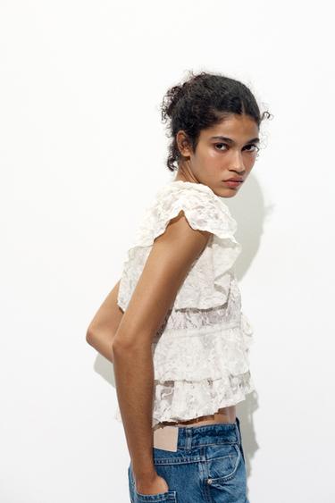 LACE-UP LACE TOP - Beige by Zara - Image 2