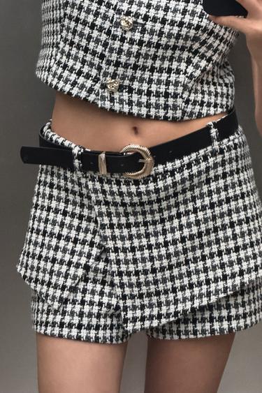 Zara HOUNDSTOOTH TEXTURED SKORT - Ecru / Black