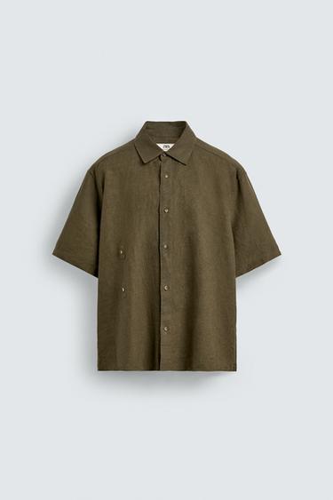 CHEMISE RELAXED FIT 100% LIN - Kaki foncé de Zara