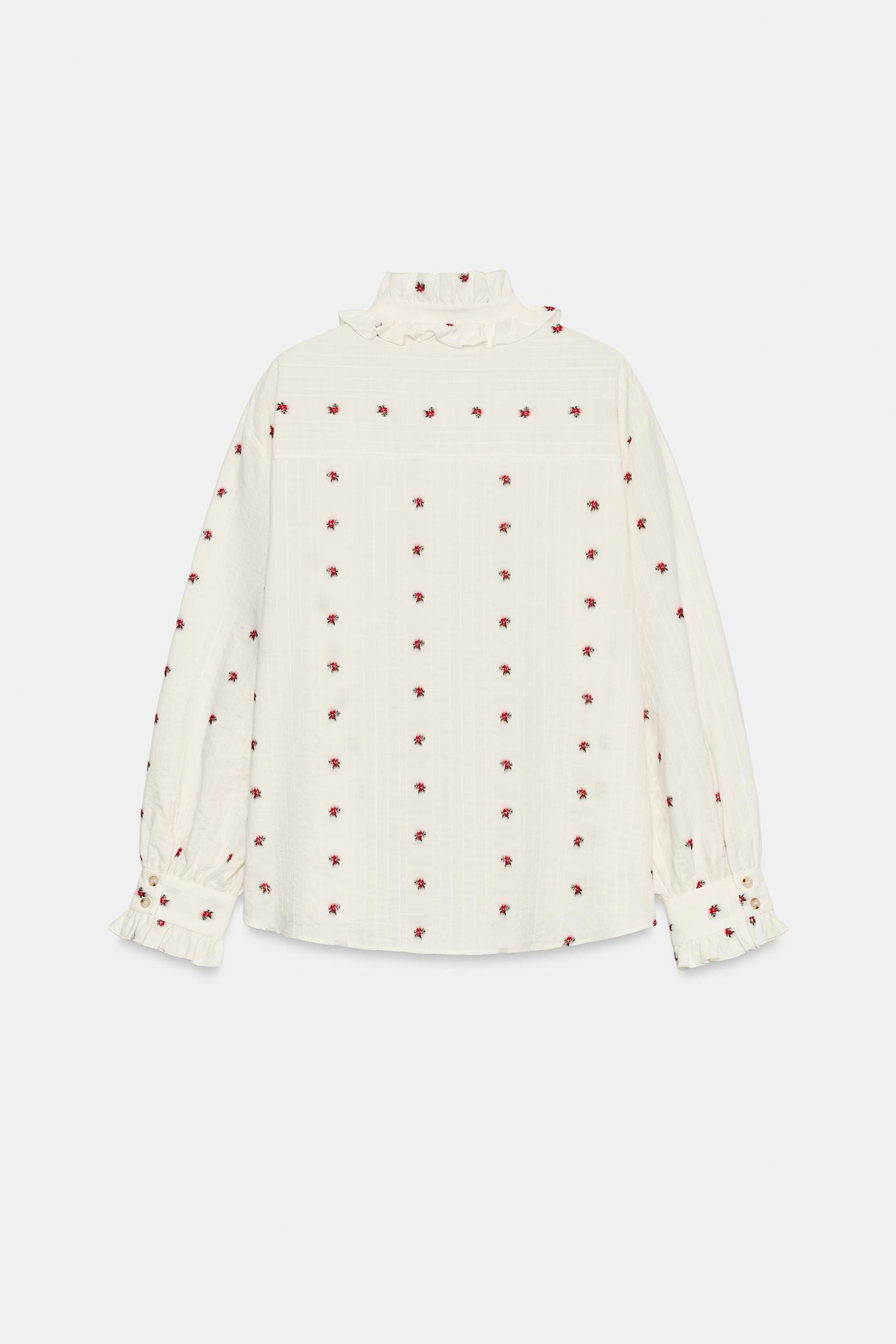 Женская блузка Zara Floral Jacquard Ruffled Blouse, цвет: Экрю / Красный — фото 7