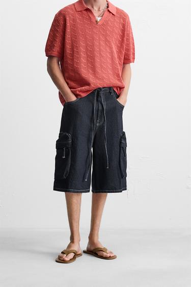BERMUDA DENIM CARGO WIDE FIT - blå fra Zara