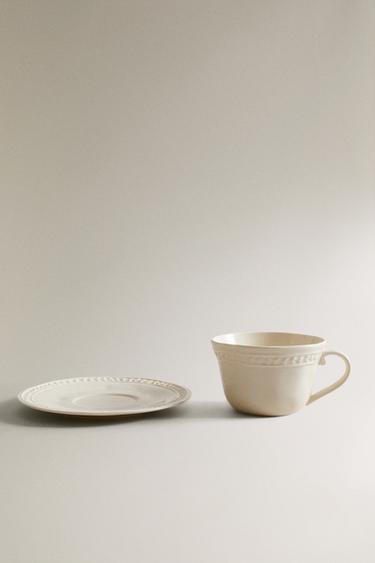 RAISED STONEWARE TEACUP AND SAUCER - Cream by Zara - Image 3