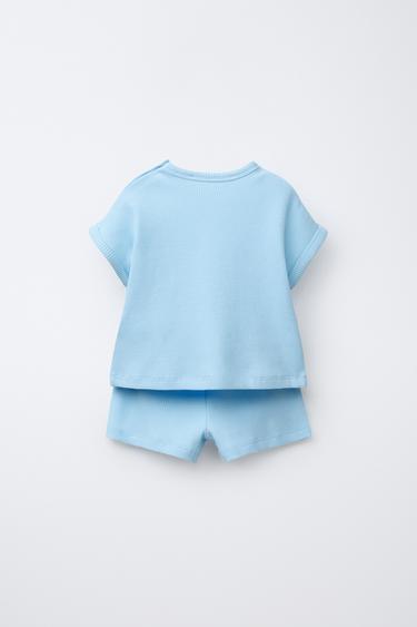 WAFFLE-KNIT T-SHIRT AND BERMUDA SHORTS CO-ORD - Mid-blue by Zara - Image 1