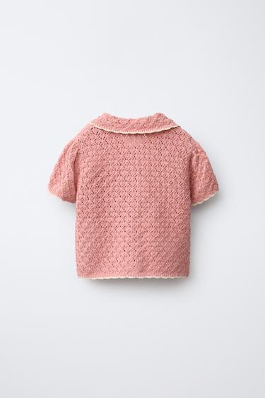 KNIT POLO SHIRT WITH FLOWERS - Coral pink by Zara - Image 1