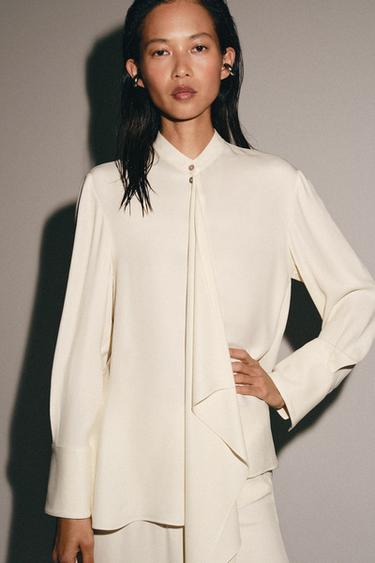 БЛУЗА С ЗАВЯЗКАМИ И СКЛАДКАМИ — ZW COLLECTION — ЭКРЮ от Zara