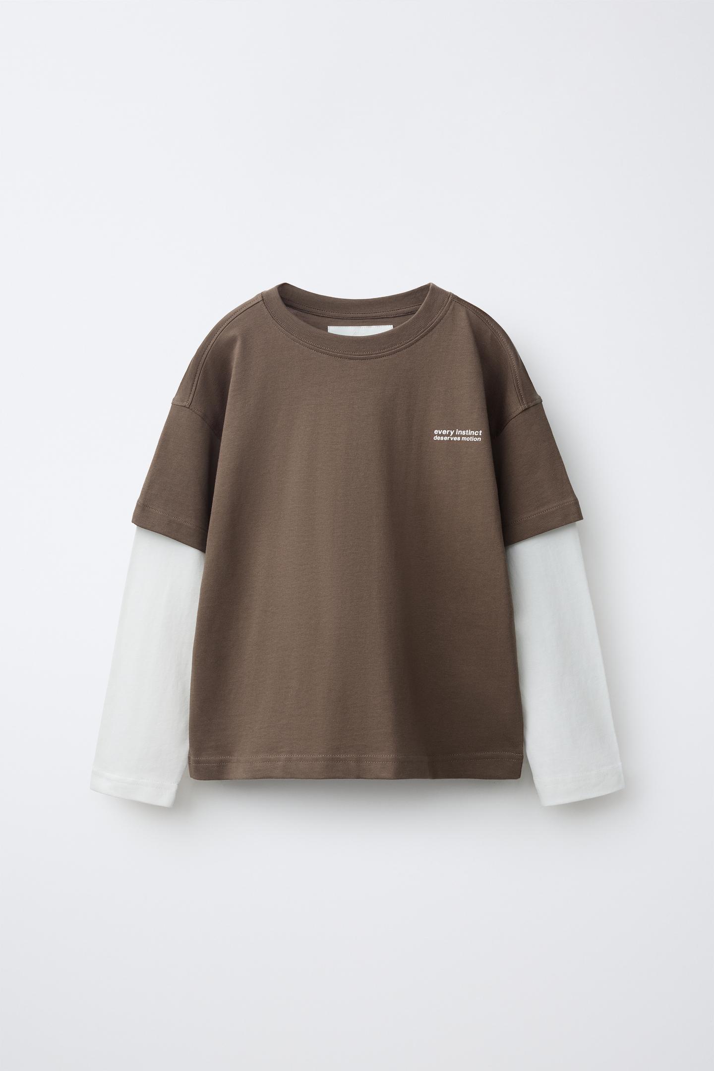 Детская футболка Zara Double-Sleeve Text, цвет: Светлый коричневый — фото 1