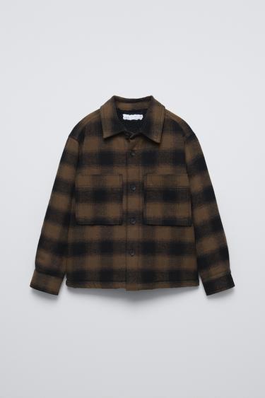 CHECK OVERSHIRT WITH FAUX SHEARLING - Brown by Zara - Image 0