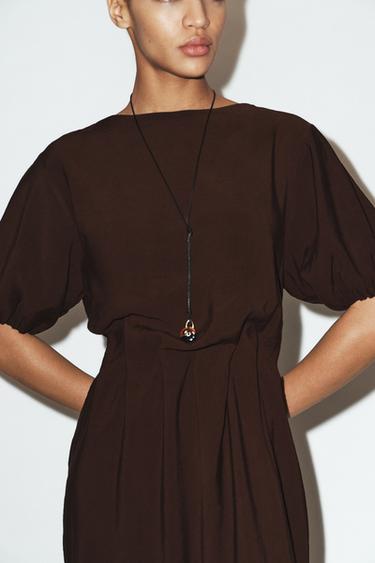 FLOWING PLEATED MIDI DRESS - Chocolate by Zara - Image 3
