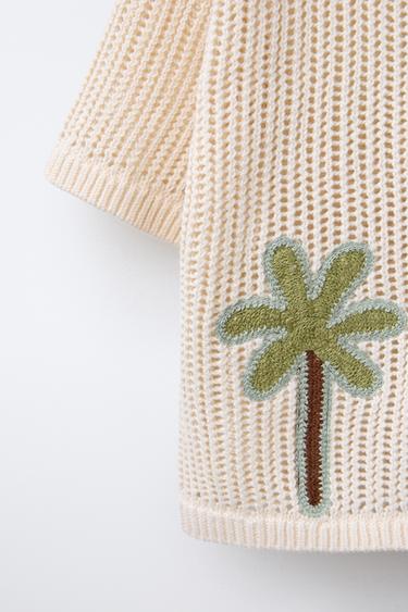 PALM TREE EMBROIDERED KNIT SHIRT - ecru/khaki by Zara - Image 3