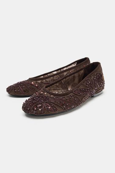 EMBROIDERED MESH BALLET FLATS - Brown by Zara - Image 3
